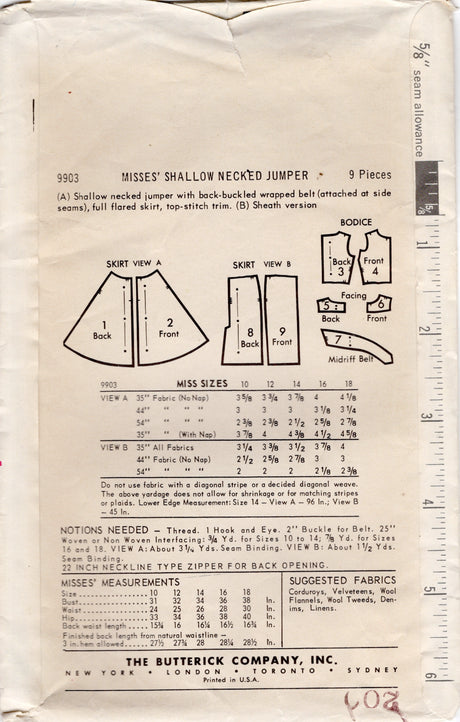 1960's Butterick Fit and Flare or Sheath Dress Pattern with back buckle wrap belt - Bust 34" - No. 9903