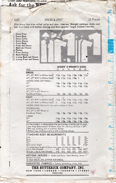 1960's Butterick Sheath Dress with stand collar and Coat Pattern - Bust 42" - No. 4353