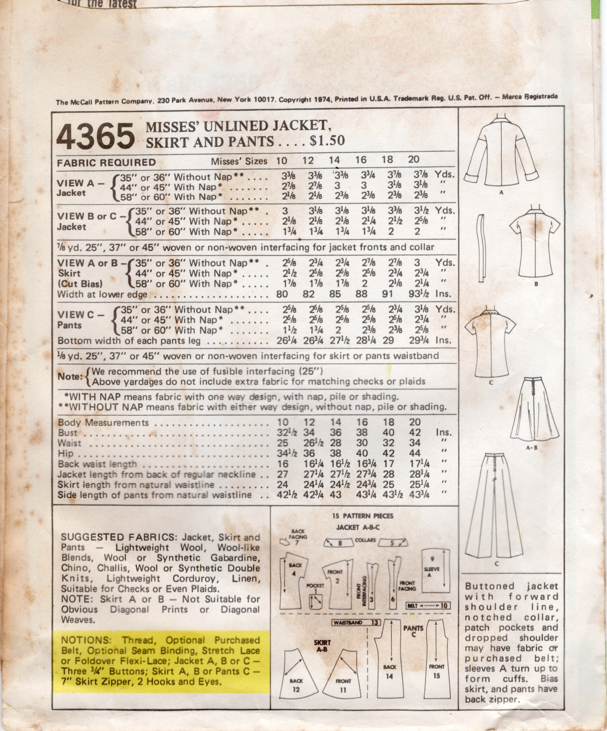 1970's McCall's Unlined Jacket, Skirt and Wide Leg Pants pattern - Bust 32.5" - No. 4365