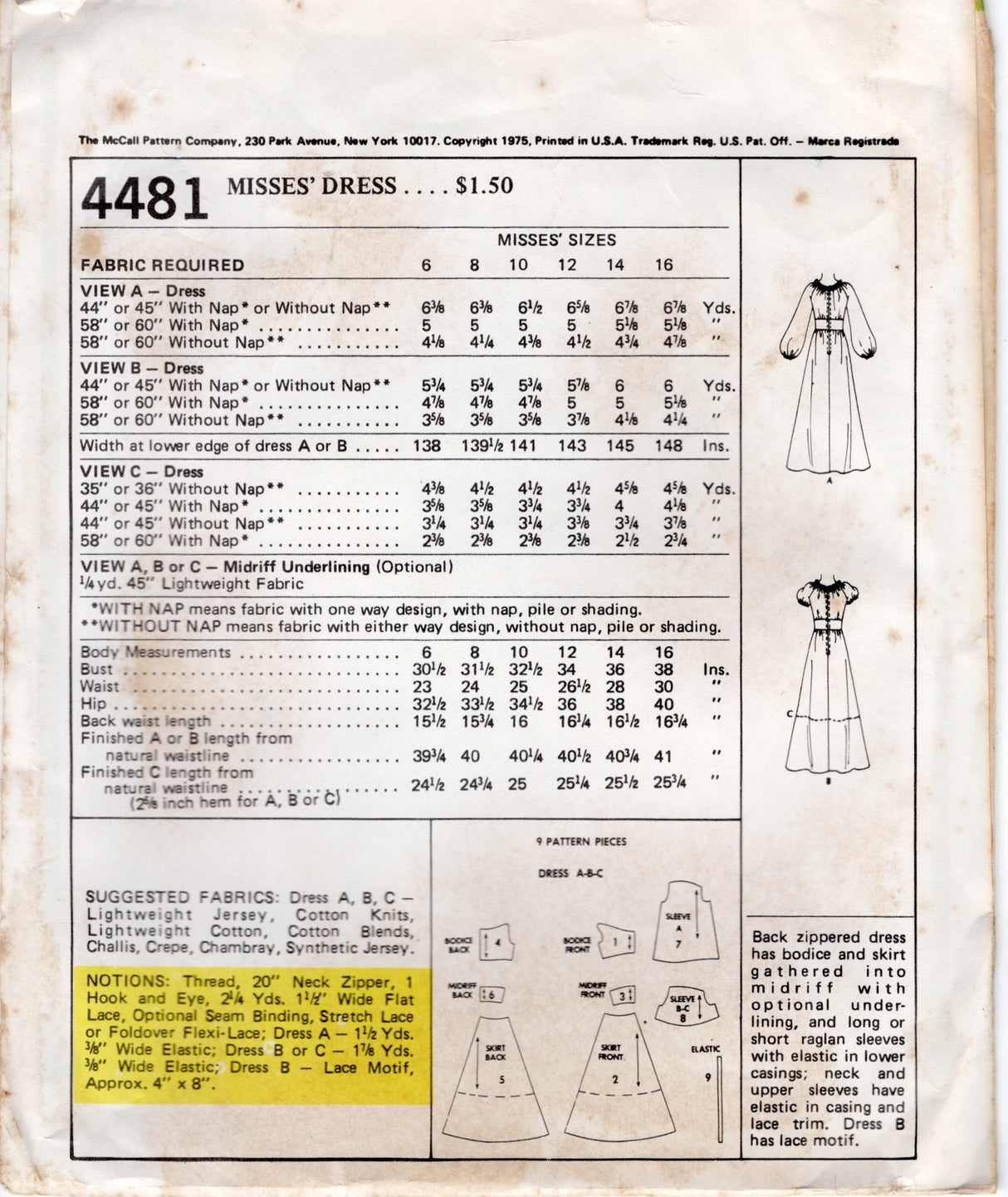 1970's McCall's Maxi or Midi Dress with Fitted Waist and Raglan Sleeves Pattern - Bust 31.5" - no. 4481