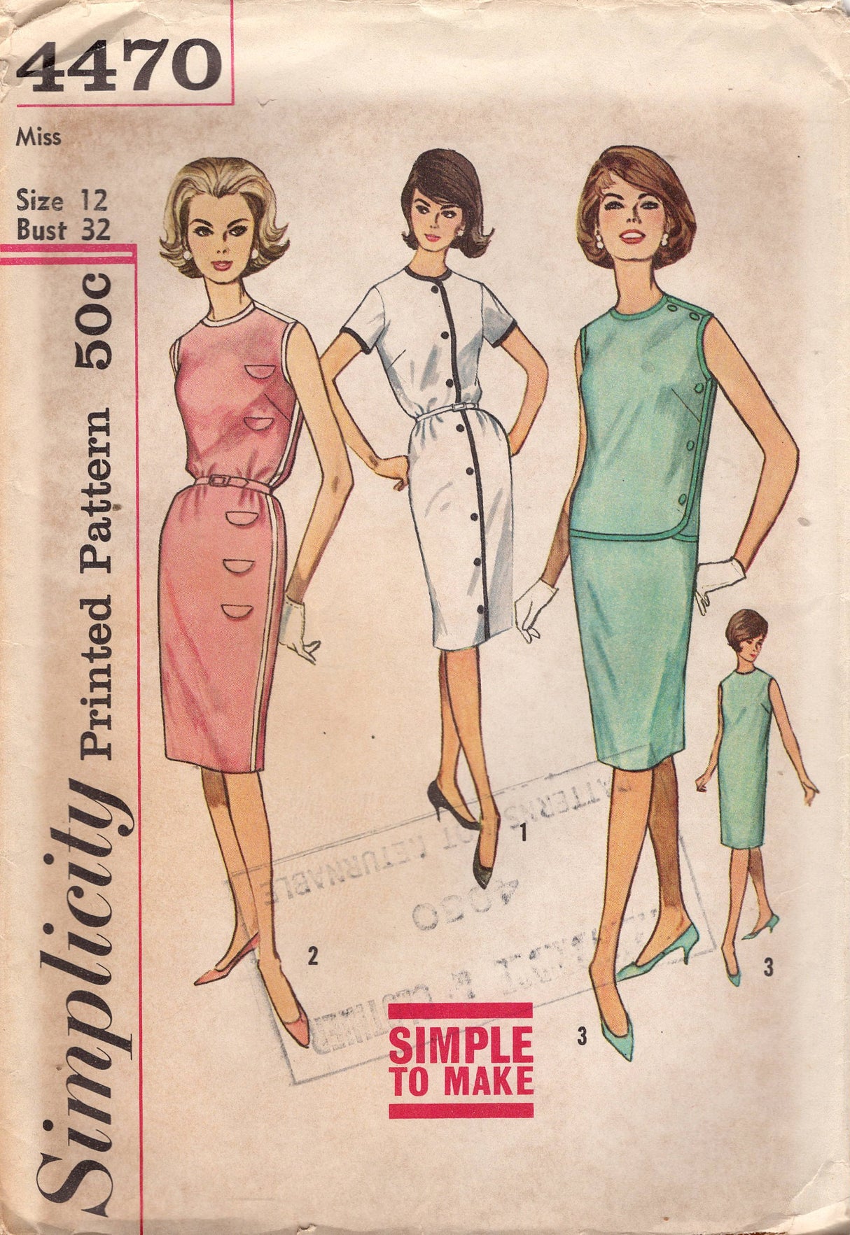 1960's Simplicity Button Front Sheath Dress with Decorative Flaps - Bust 32" - No. 4470