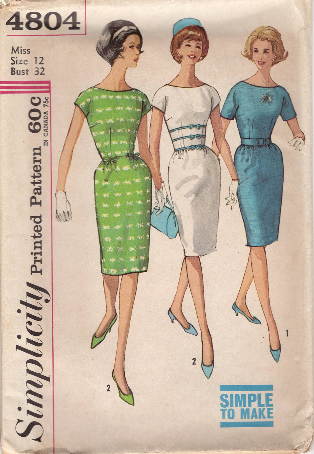 1960's Simplicity Sheath Dress Pattern with Boat Neck and Fitted Waist - Bust 32