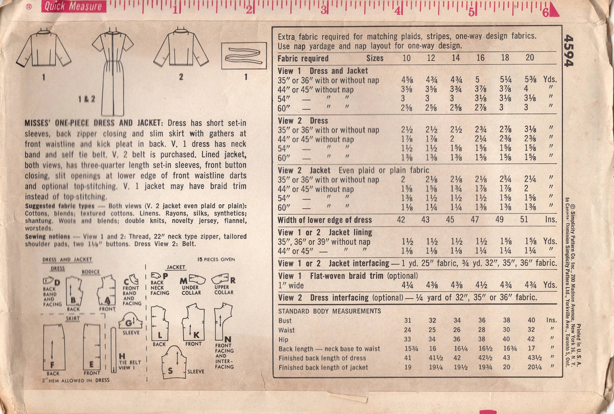 1960's Simplicity Sheath Dress and Boxy Jacket Pattern - Bust 32" - No. 4594