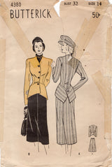 1940's Butterick Two Piece Suit with Large Peplum Pattern - Bust 32" - No. 4380