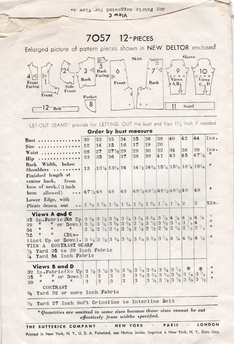 1930's Butterick Yoked Dress with Slim Skirt Pattern - Bust 36" - No. 7057