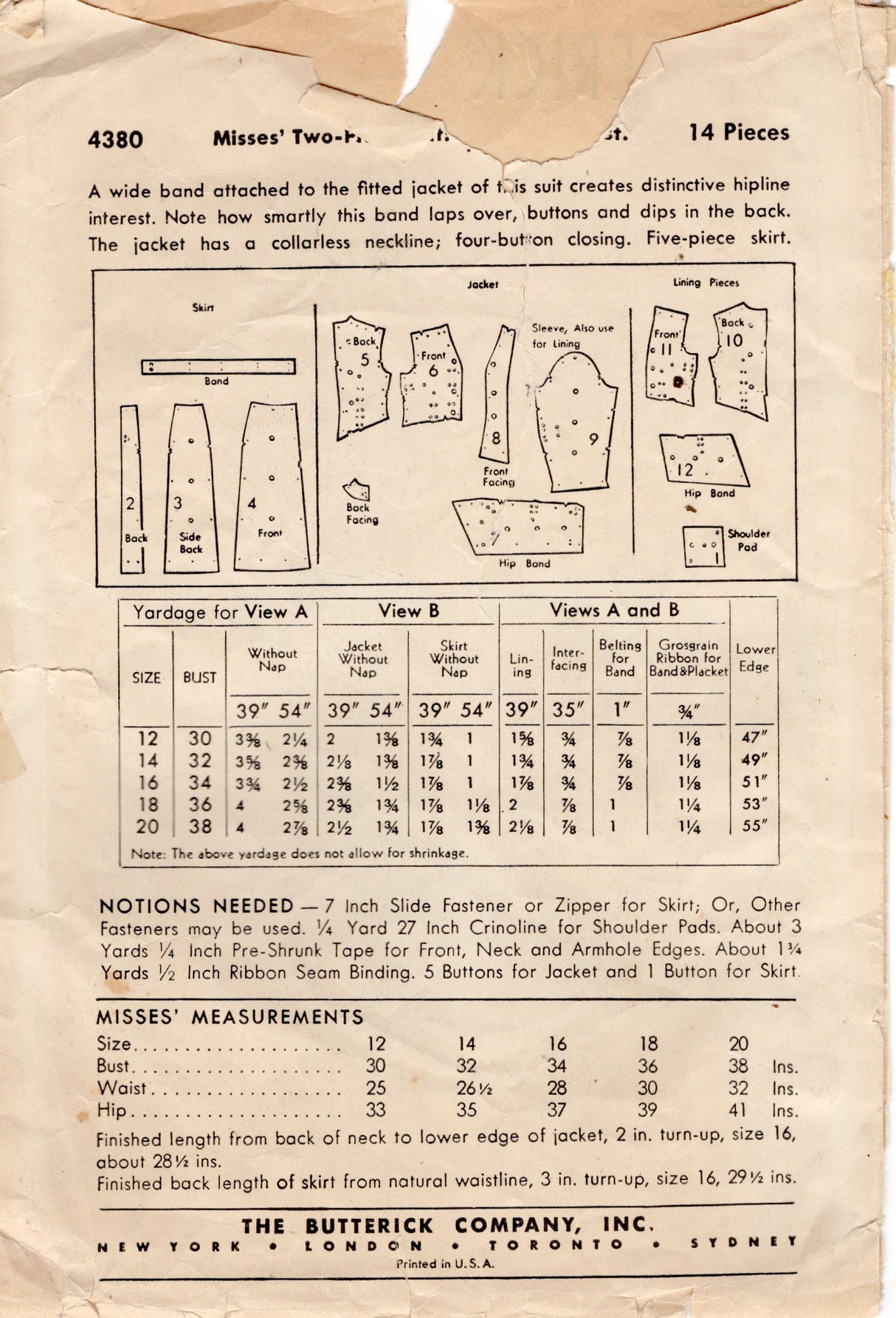 1940's Butterick Two Piece Suit with Large Peplum Pattern - Bust 32" - No. 4380