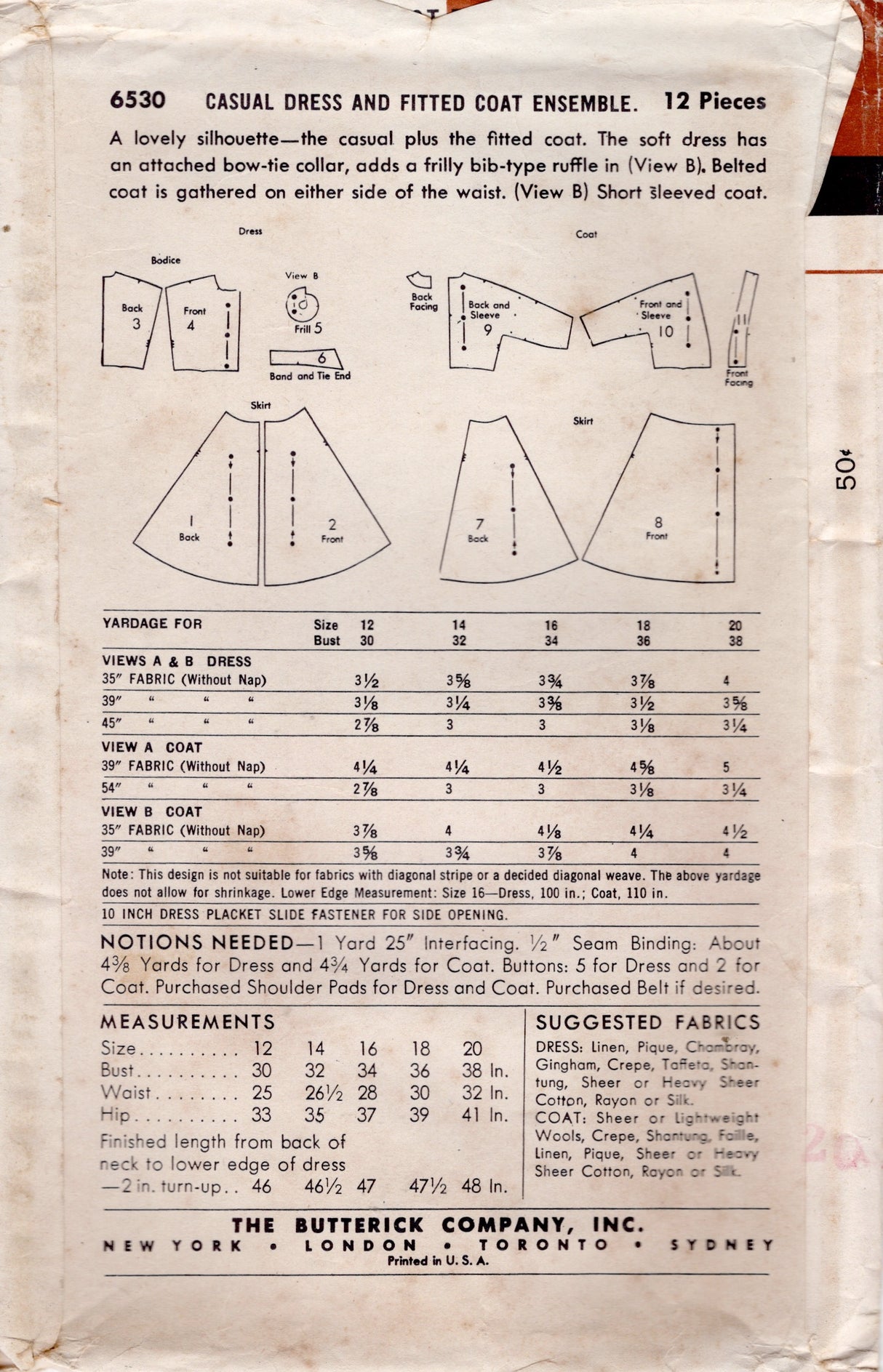 1950's Butterick Casual Dress and Fitted Coat Pattern - Bust 34" - No. 6530