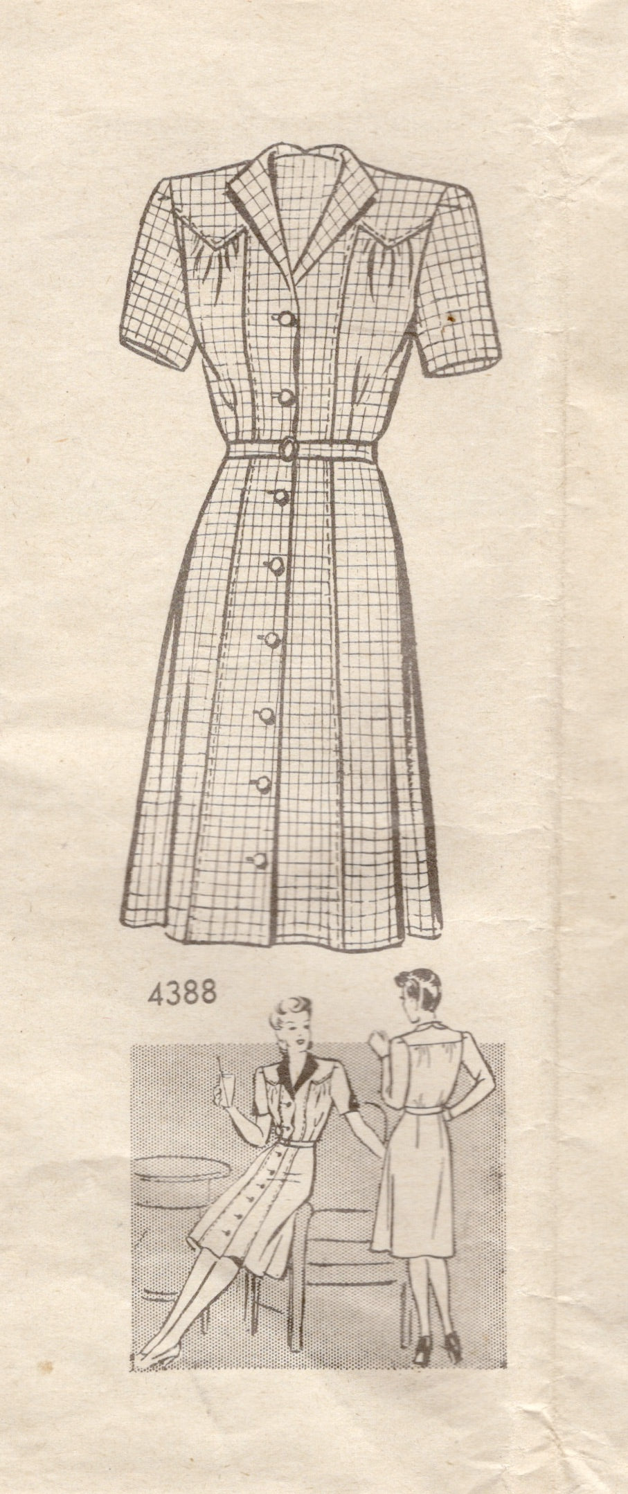 1940's Anne Adams One Piece Button Up Dress Pattern - Bust 36" - No. 4388