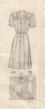 1940's Anne Adams One Piece Button Up Dress Pattern - Bust 36" - No. 4388