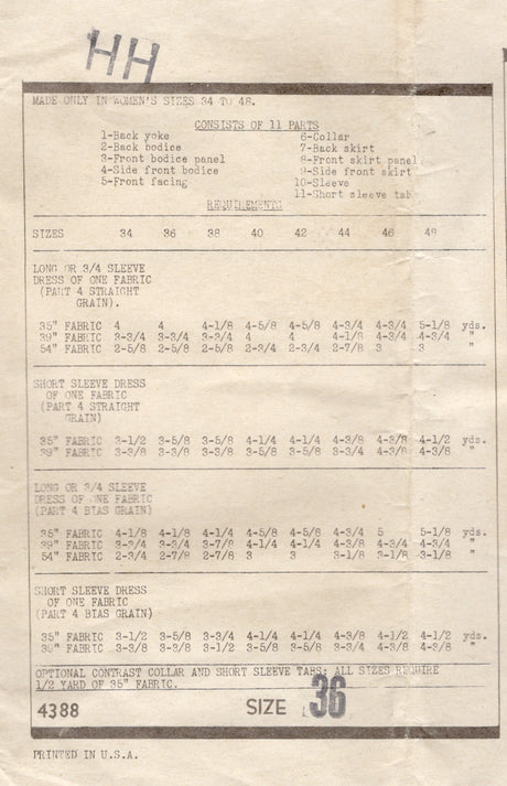 1940's Anne Adams One Piece Button Up Dress Pattern - Bust 36" - No. 4388