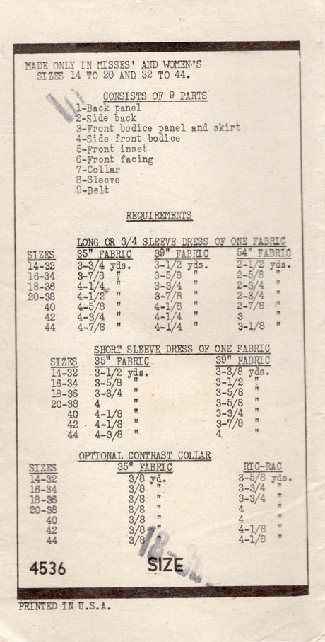 1940's Mail Order One Piece Surplice Dress Pattern - Bust 36" - No. 4536