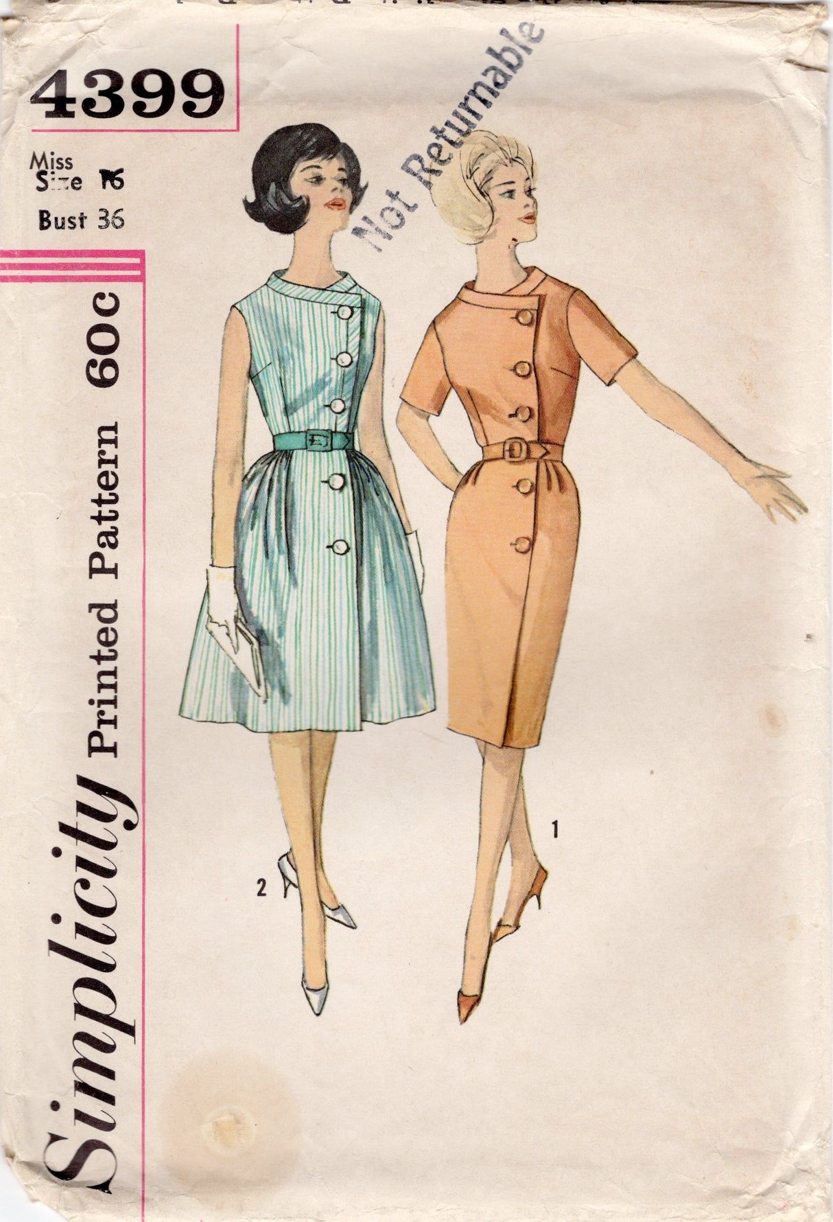 1960's Simplicity Sheath or Fit and Flare Dress pattern with Side Button Closure - Bust 36" - No. 4399