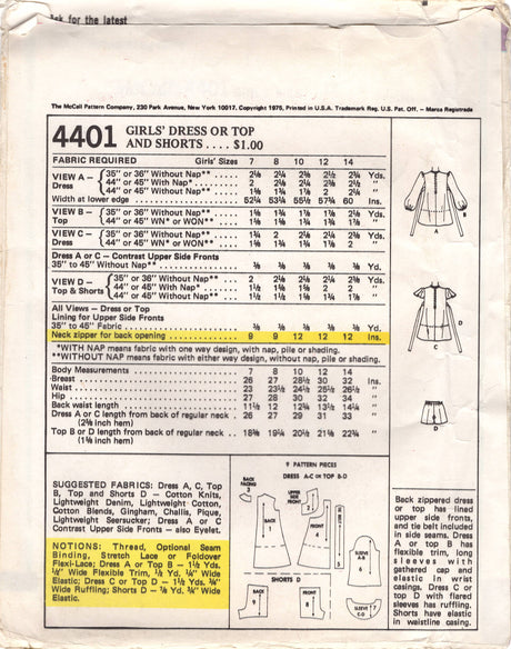 1970's McCall's Child's Yoked Blouse or Dress and Shorts Pattern - Chest 30" - No. 4401