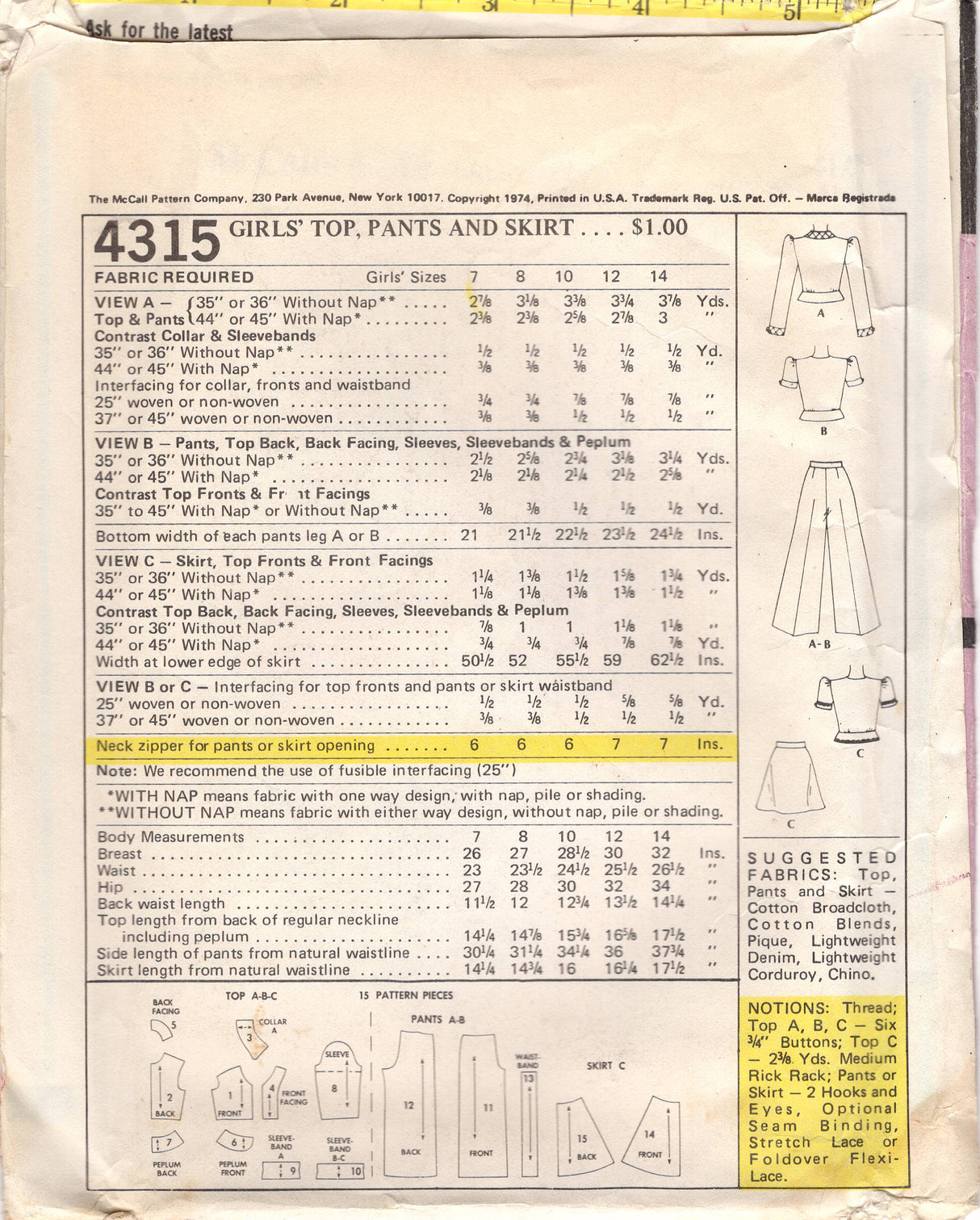 1970's McCall's Child's Fitted Peplum Blouse and Pants or Skirt Pattern - Chest 32" - No. 4315