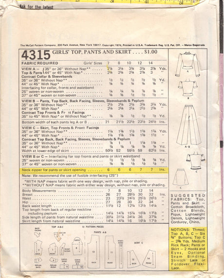 1970's McCall's Child's Fitted Peplum Blouse and Pants or Skirt Pattern - Chest 32" - No. 4315