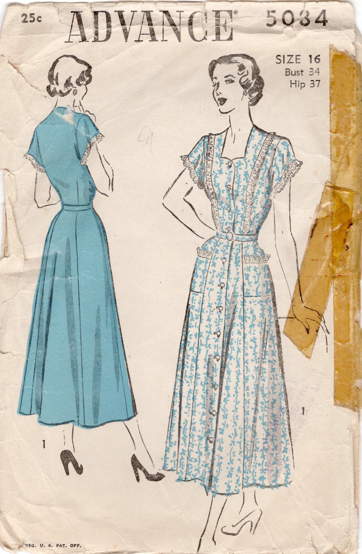 1940's Advance Shirtwaist Dress with Hip Pockets Pattern - Bust 34" - No. 5084