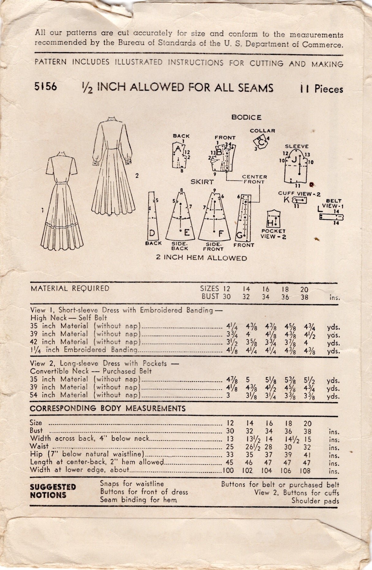 1940's Advance Shirtwaist Dress Pattern - Bust 32" - No. 5156
