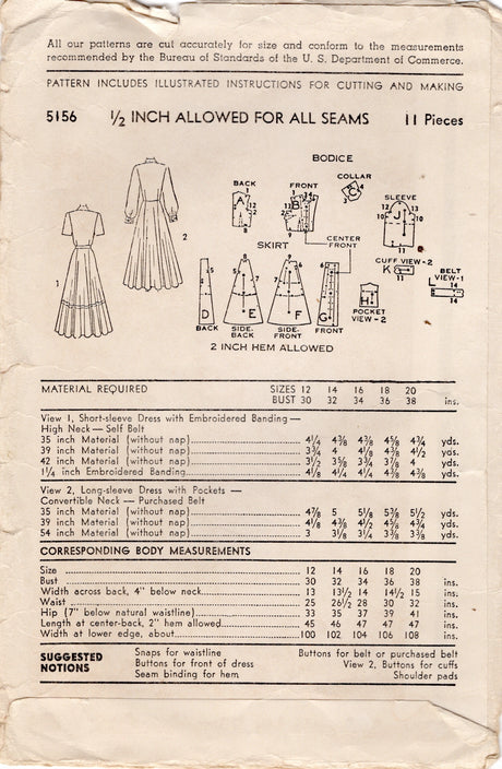 1940's Advance Shirtwaist Dress Pattern - Bust 32" - No. 5156