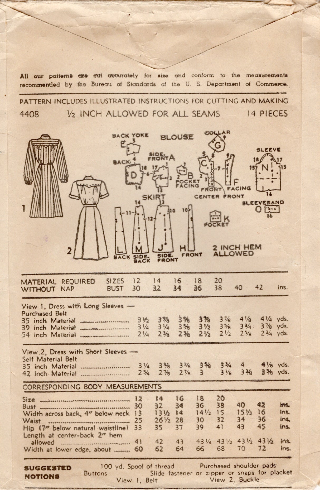 1940's Advance Shirtwaist Dress Pattern with large yoke and short or long sleeves - Bust 30" - No. 4408