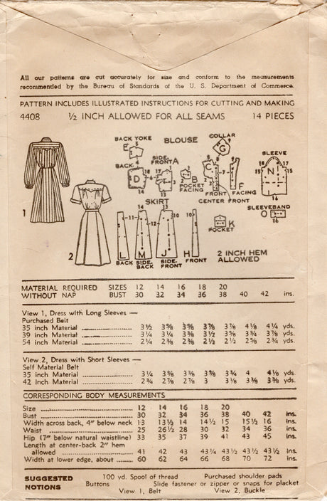 1940's Advance Shirtwaist Dress Pattern with large yoke and short or long sleeves - Bust 30" - No. 4408