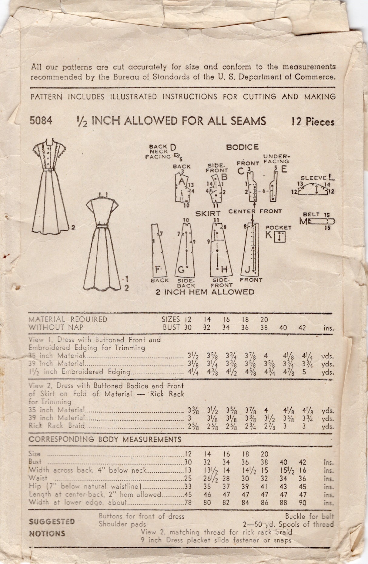 1940's Advance Shirtwaist Dress with Hip Pockets Pattern - Bust 34" - No. 5084