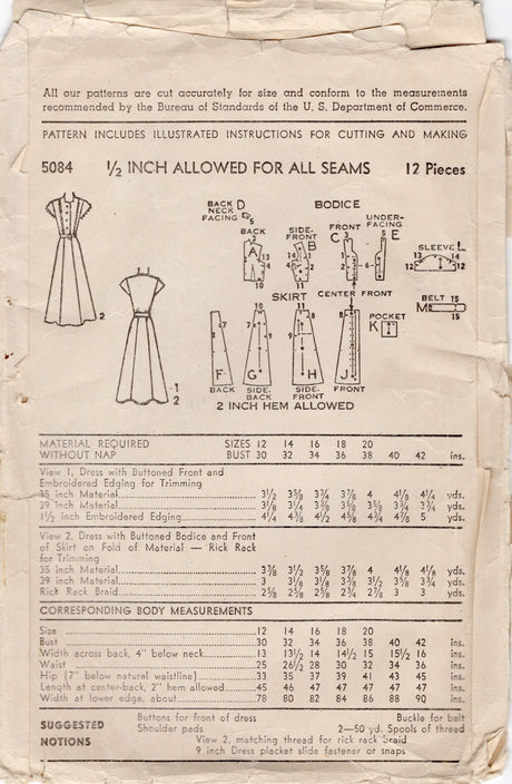 1940's Advance Shirtwaist Dress with Hip Pockets Pattern - Bust 34" - No. 5084