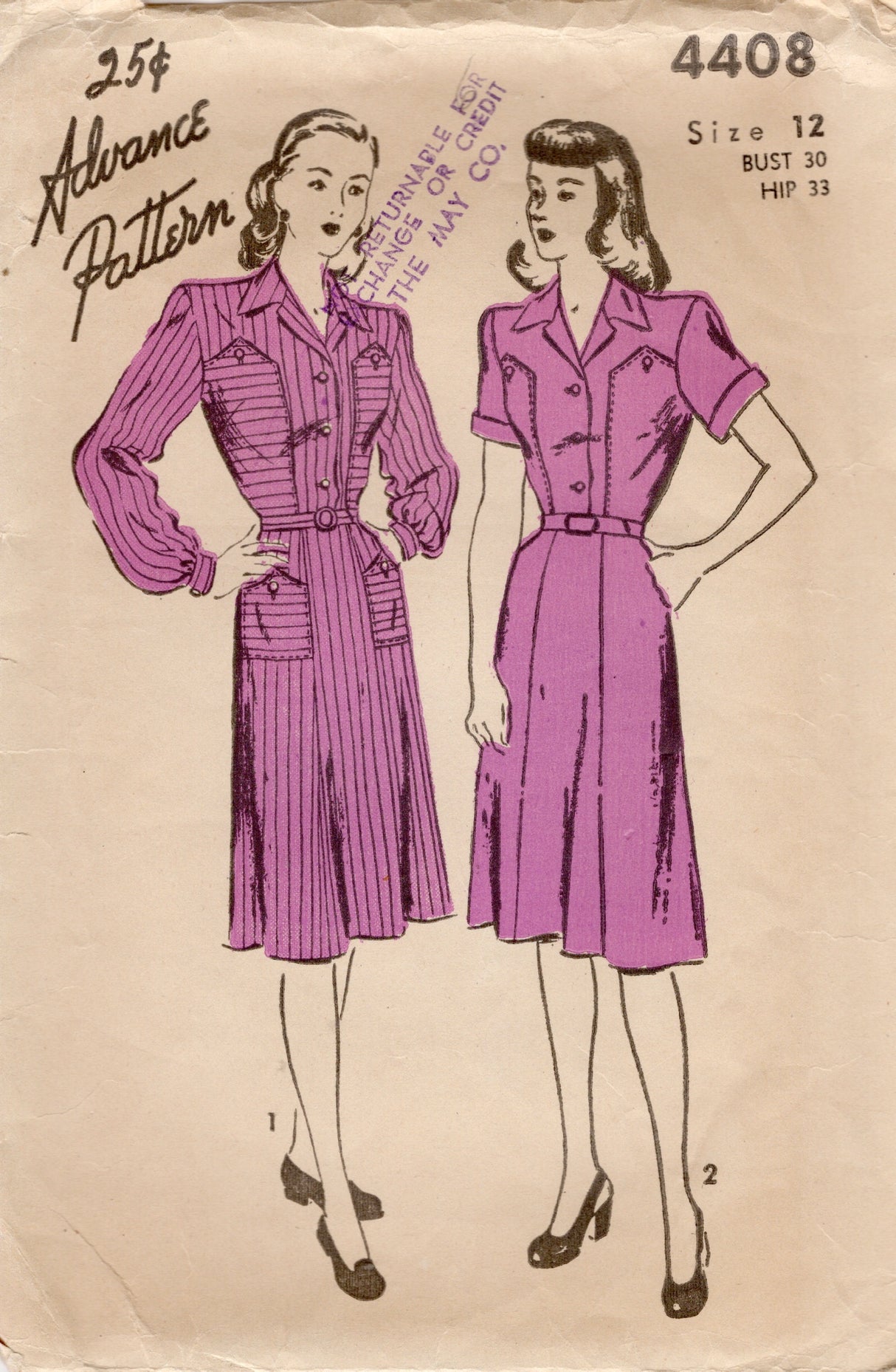 1940's Advance Shirtwaist Dress Pattern with large yoke and short or long sleeves - Bust 30" - No. 4408