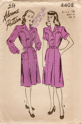 1940's Advance Shirtwaist Dress Pattern with large yoke and short or long sleeves - Bust 30" - No. 4408