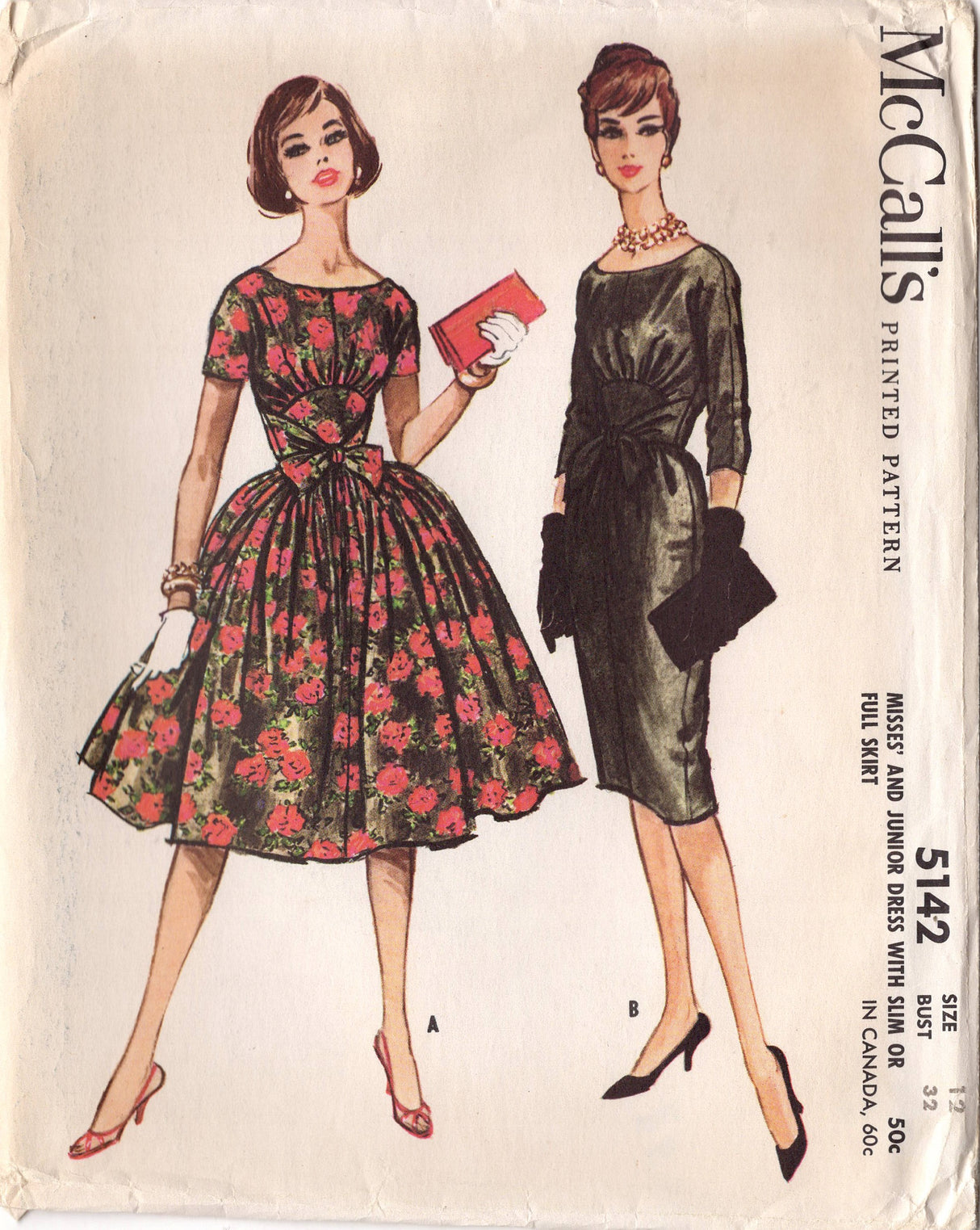 1950's McCall's Jewel Neckline and Fitted Waist Dress Pattern with Bow accent and Gathered or Slim Skirt - Bust 32" - No. 5142