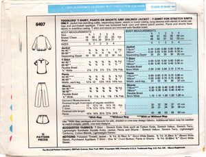 1970's McCall's Child's T Shirt, Pants or Shorts and Unlined Jacket Pattern - Chest 20" - No. 6407