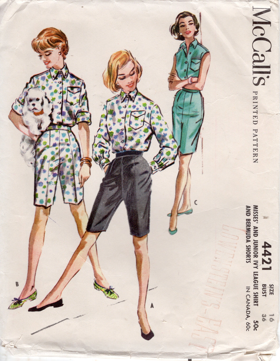 1950's McCall's Ivy League Button-up Blouse and Bermuda Shorts Pattern - Bust 36