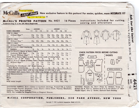 1950's McCall's Ivy League Button-up Blouse and Bermuda Shorts Pattern - Bust 36" - No. 4421