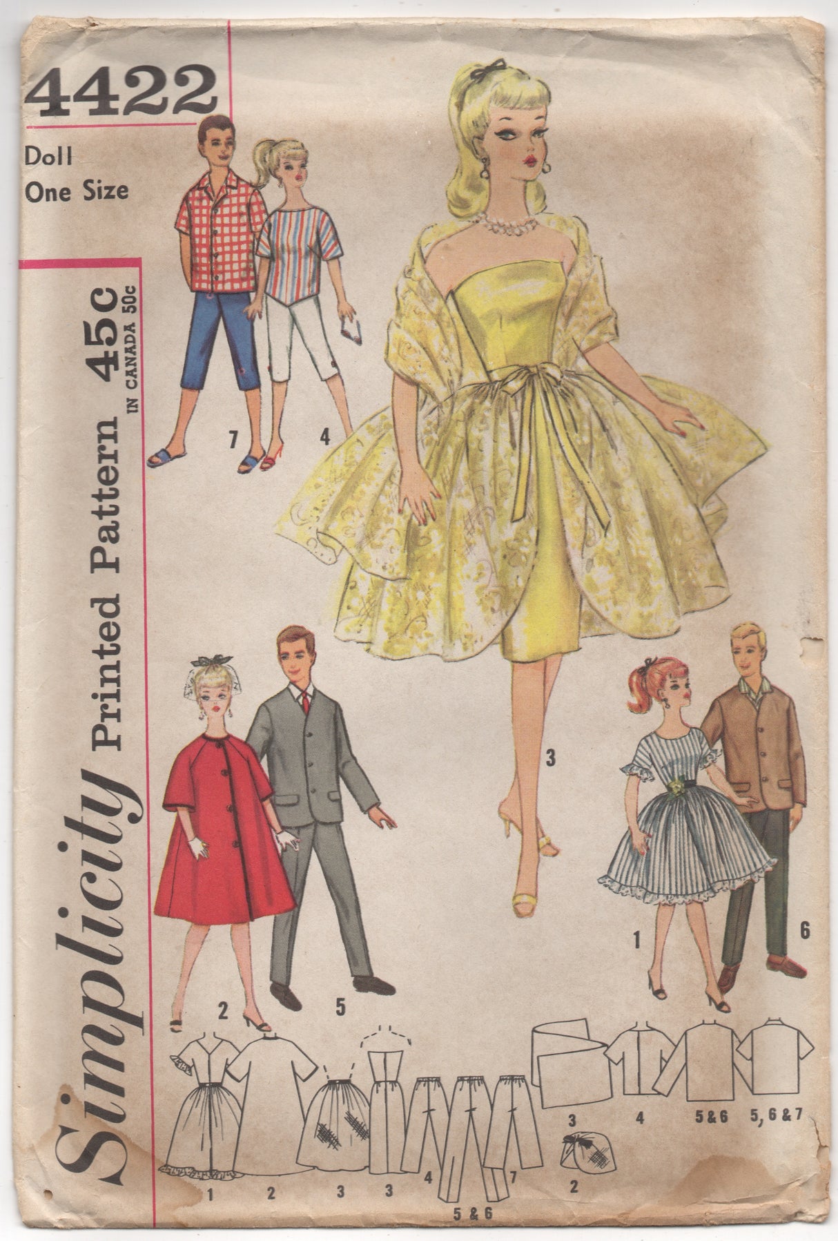 1960's Simplicity Cocktail Dress, Coat, Pants and Shirt Doll Clothes pattern for Barbie and Ken - 11.5" doll - No. 4422