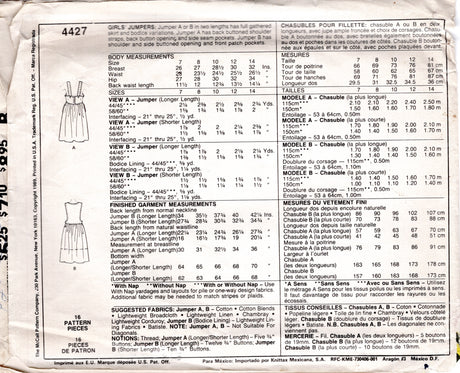1980's McCall's Child's Jumper Dress Pattern in Two Styles - Chest 26" - No. 4427