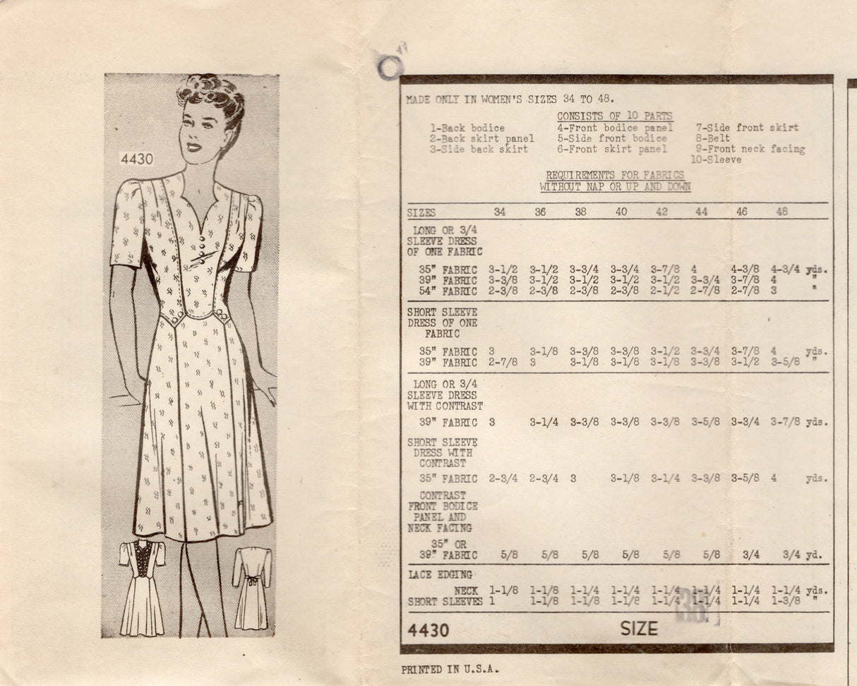 1940's Anne Adams Modified Sweetheart Neckline Dress Pattern - Bust 38" - No. 4430