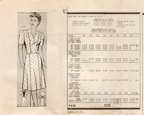 1940's Anne Adams Modified Sweetheart Neckline Dress Pattern - Bust 38" - No. 4430