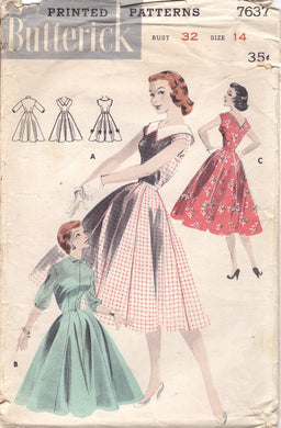 1950's Butterick One Piece Dress with 8 Gore Skirt - Bust 32