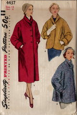 1950's Simplicity Straight Line Coat Pattern with Shawl Collar and Pockets - Bust 32" - No. 4437