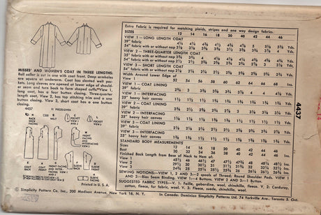 1950's Simplicity Straight Line Coat Pattern with Shawl Collar and Pockets - Bust 32" - No. 4437