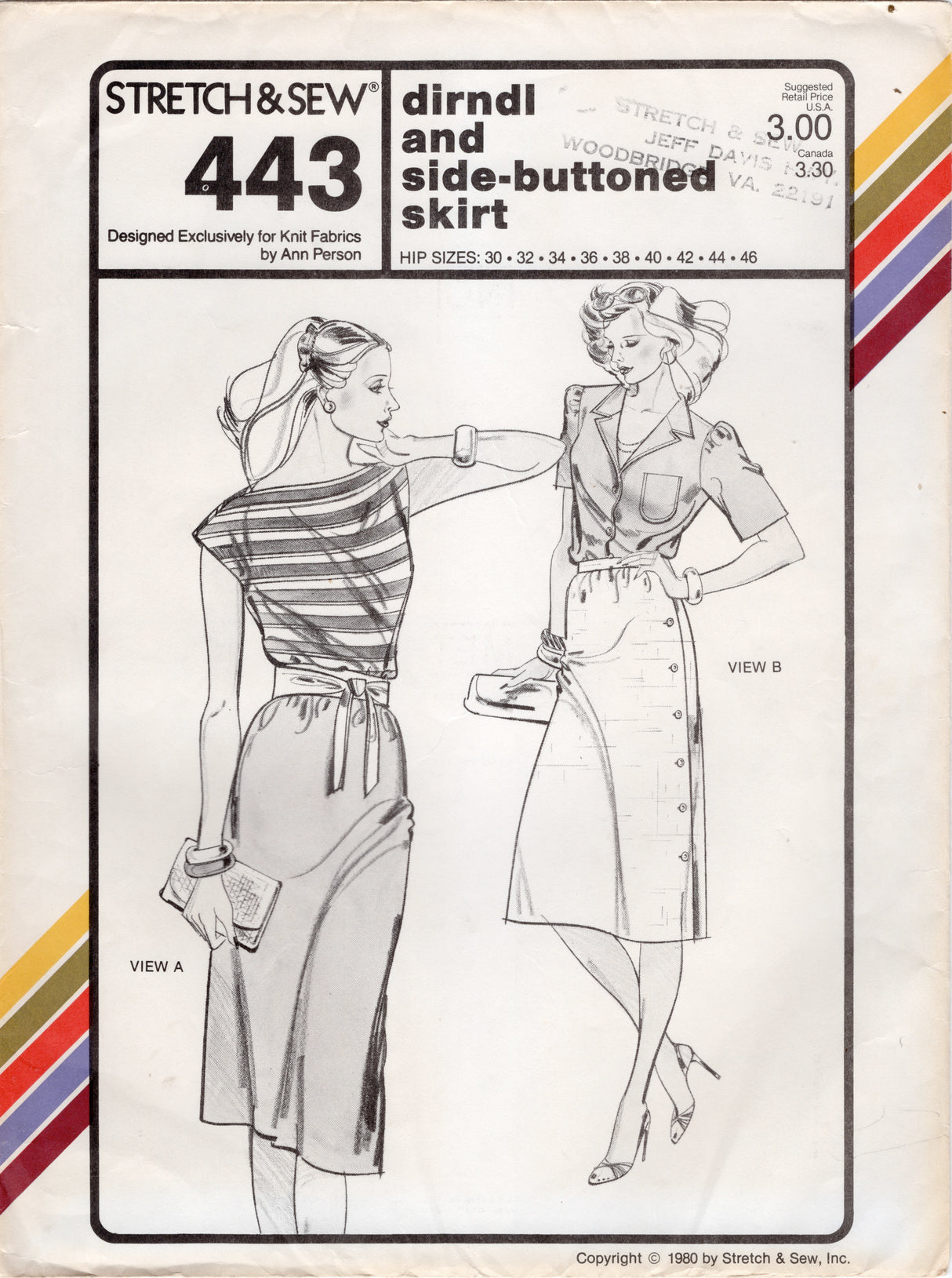 1980's Stretch & Sew Dirndl and Side Buttoned Skirts pattern - Waist 20-37" - No. 443