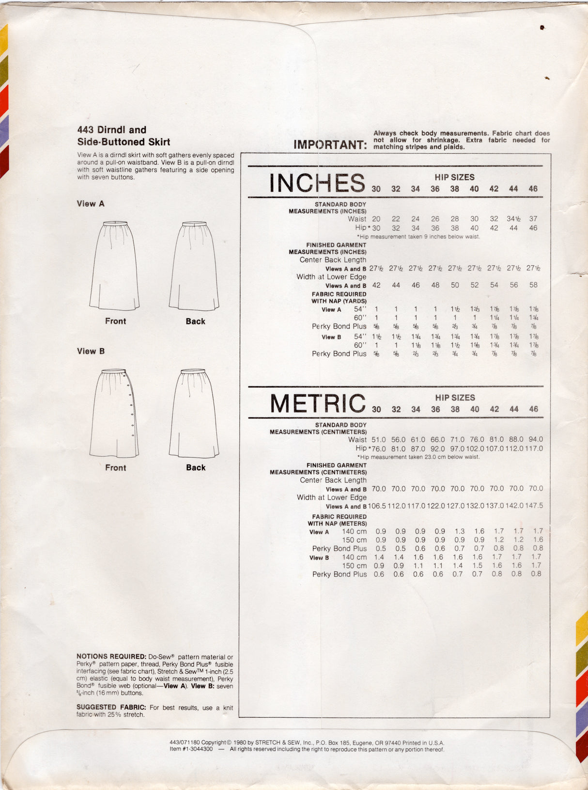 1980's Stretch & Sew Dirndl and Side Buttoned Skirts pattern - Waist 20-37" - No. 443