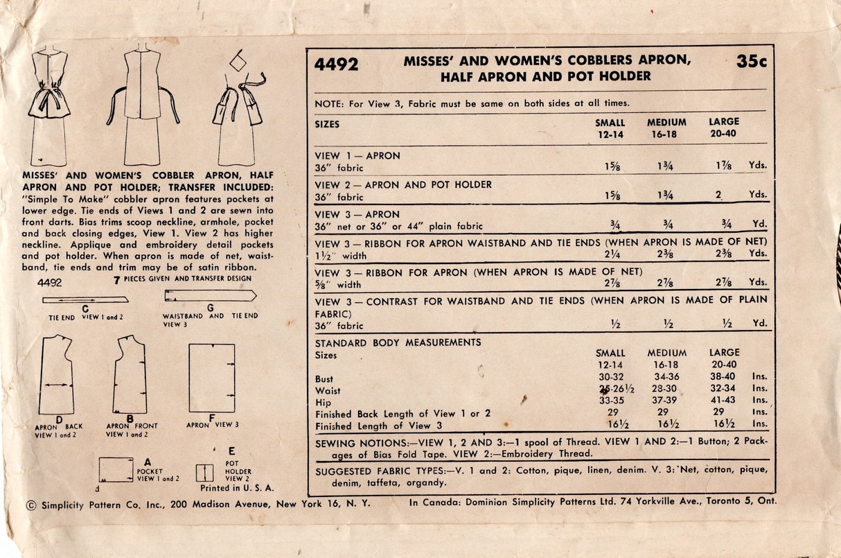 1950's Simplicity Full Apron with Pockets, Oven Mitt and Unused Transfer Pattern - Bust 34-36" - no. 4492