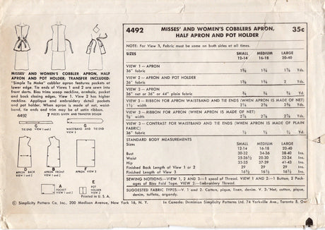 1950's Simplicity Full Apron with Pockets, Oven Mitt and Unused Transfer Pattern PLEASE READ - Bust 34-36" - no. 4492