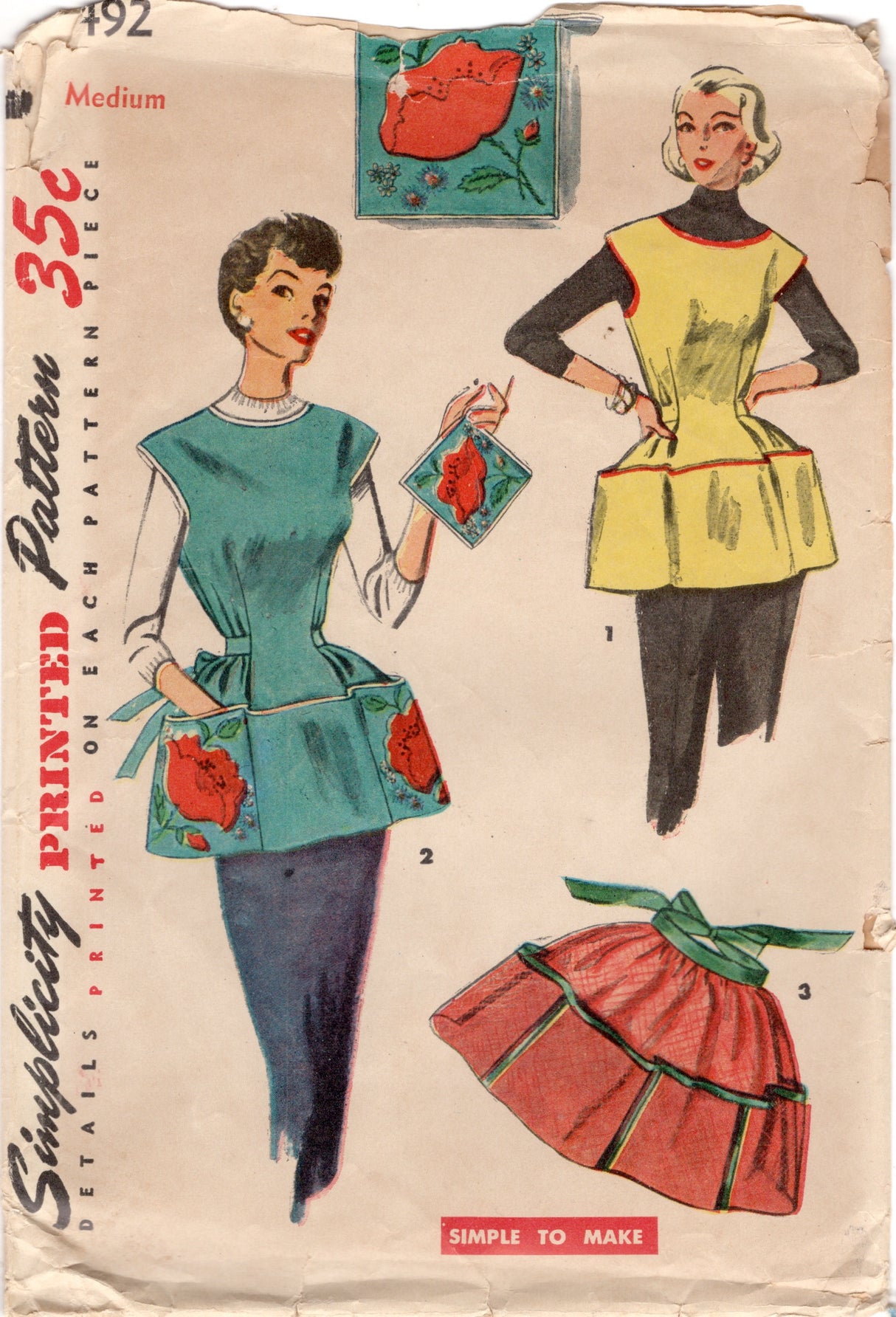 1950's Simplicity Full Apron with Pockets, Oven Mitt and Transfer Pattern - Bust 34-36" - no. 4492