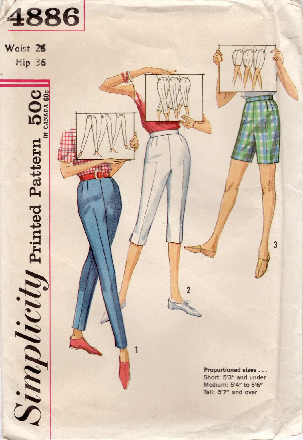 1960's Simplicity Cigarette Pants, Crop Pants and Shorts - Waist 26