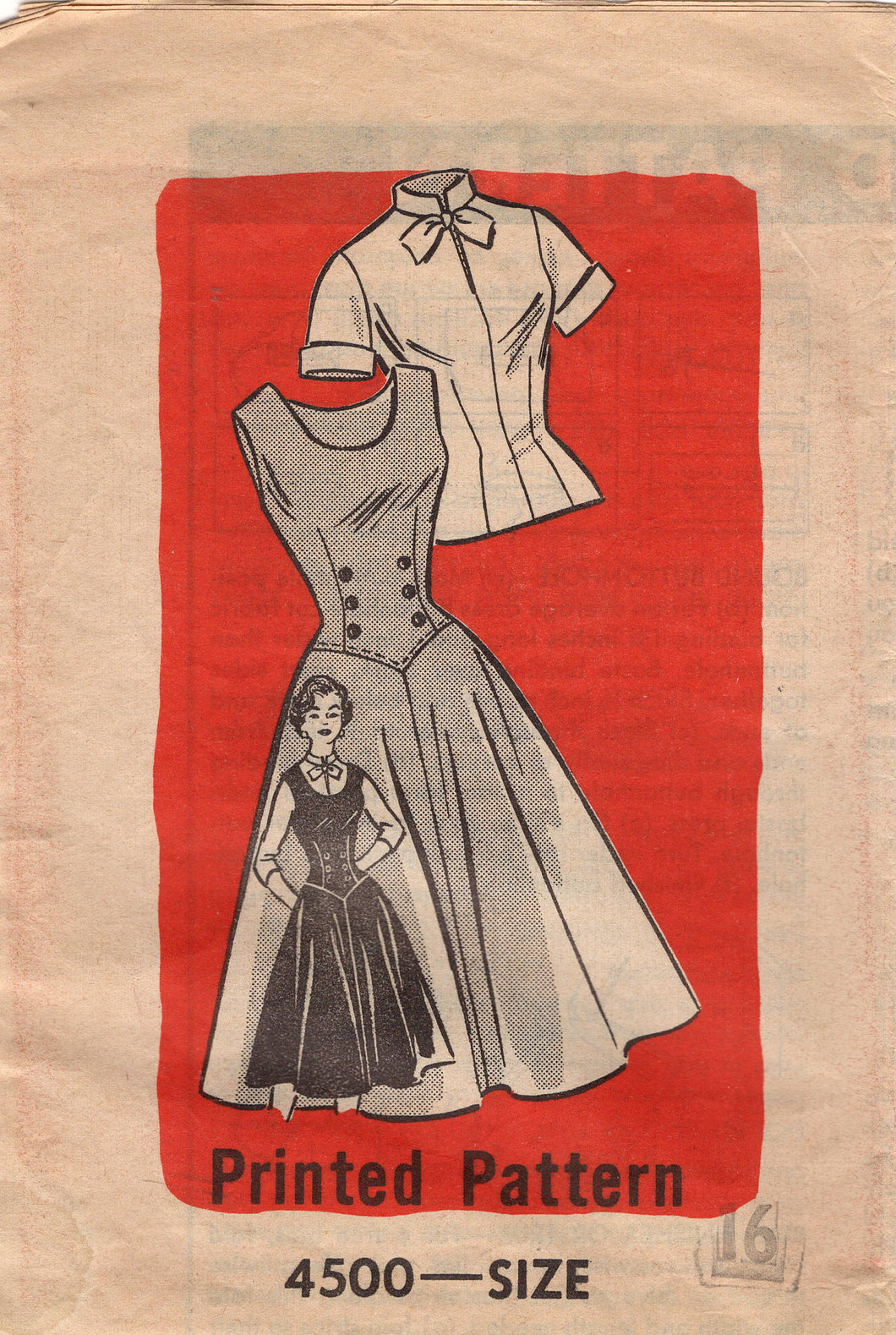 1950's Anne Adams Jumper Dress and Blouse with Mandarin Bow Tie  Blouse pattern - Bust 38