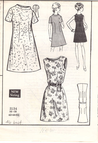 1960's Mail Order Shift Dress Pattern with Rolled Collar - Bust 46