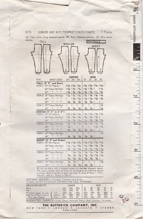 1960's Butterick Proportioned Cigarette Pants, Jamaica Shorts and Shorts - Waist 30" - No. 9779