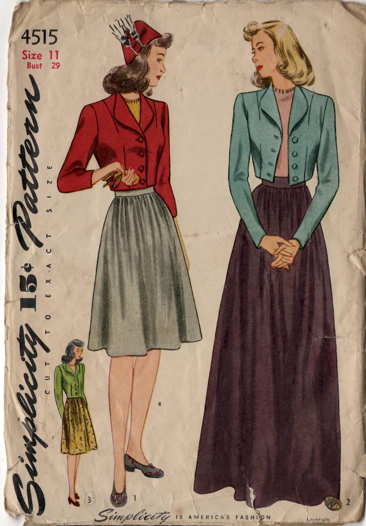 1940's Simplicity Button up Bolero, and Gathered Skirt in two lengths pattern - Bust 29" - No. 4515