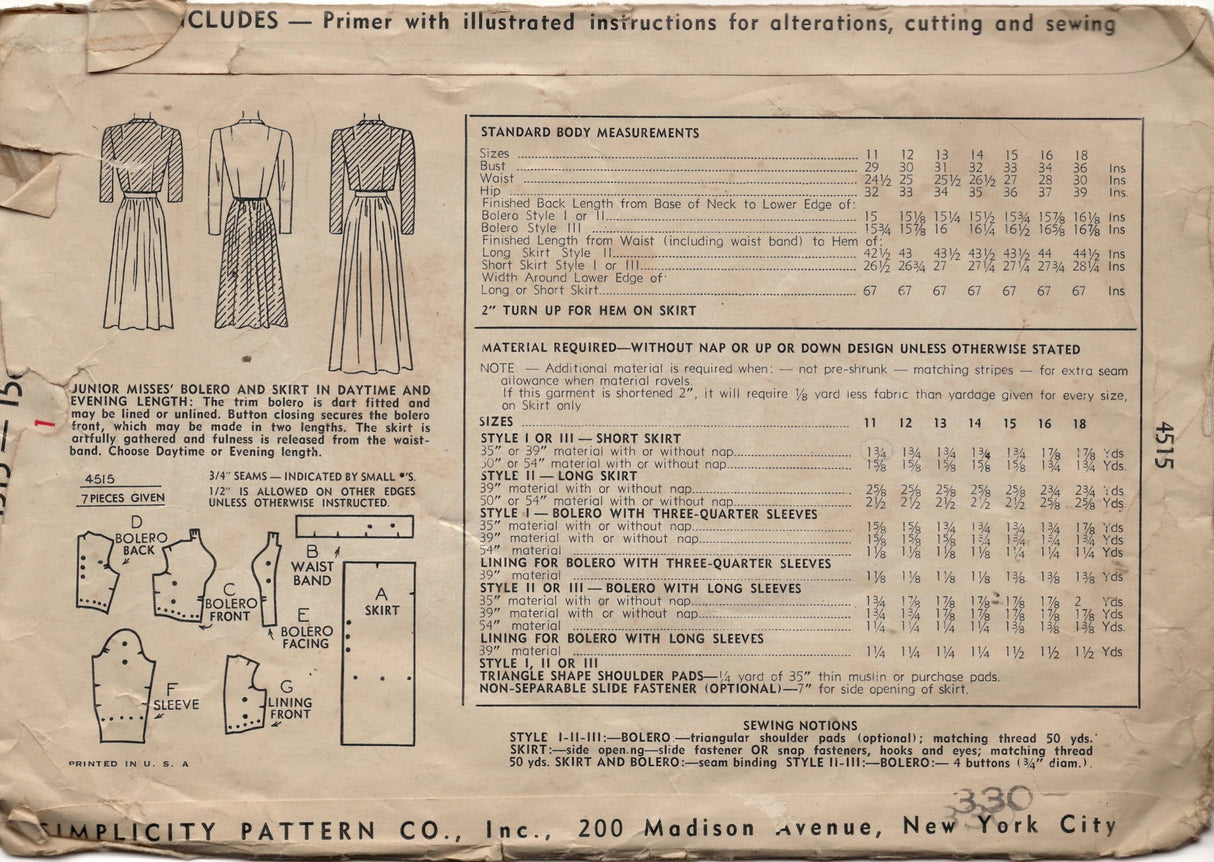 1940's Simplicity Button up Bolero, and Gathered Skirt in two lengths pattern - Bust 29" - No. 4515